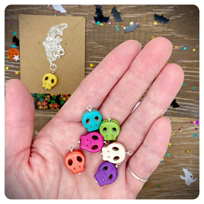 Howlite Candy Skull Necklace, Halloween Costume Jewellery, Silver Chain Necklace, Sugar Skull Gift