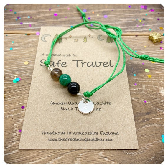 Safe Travel Crystal Bracelet, Backpacking Goodbye Gift, Gap Year Personalised Present, Handmade Gemstone Anklet, Travelling Miss You Card