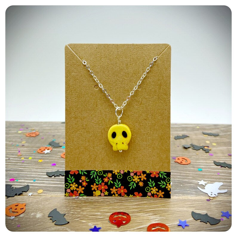 Howlite Candy Skull Necklace, Halloween Costume Jewellery, Silver Chain Necklace, Sugar Skull Gift