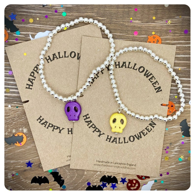 Sugar Skull Stretch Bracelet, Howlite Candy Skull Stacker Bracelet, Handmade Halloween Silver Beaded Bracelet