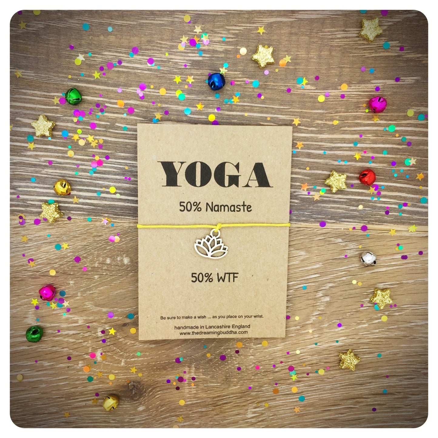 Funny Yoga Wish Bracelet, Yoga Teacher Gift, Boho Lotus Jewellery, Yoga WTF Card, Namaste Quote, Yoga Accessories, Yoga String Bracelet