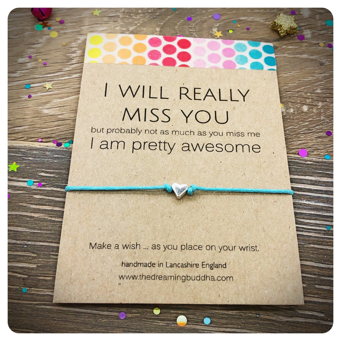 3 x I Will Miss You Wish Bracelets, I Miss You Cards, Absent Friend Gifts, Sorry You’re Leaving Cards, Safe Journey Gifts