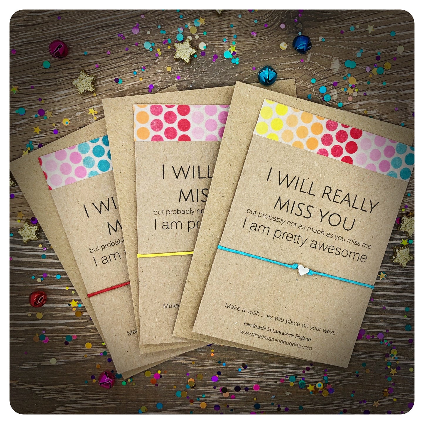 3 x I Will Miss You Wish Bracelets, I Miss You Cards, Absent Friend Gifts, Sorry You’re Leaving Cards, Safe Journey Gifts