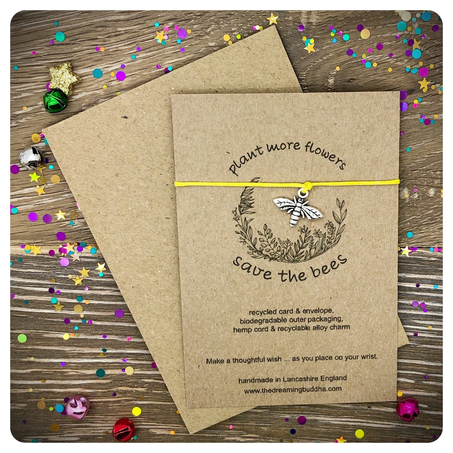 Save The Bees Wish Bracelet, Environmental Card, Vegan Birthday Gift, Nature Lover Present, Eco Friendly Christmas Gift