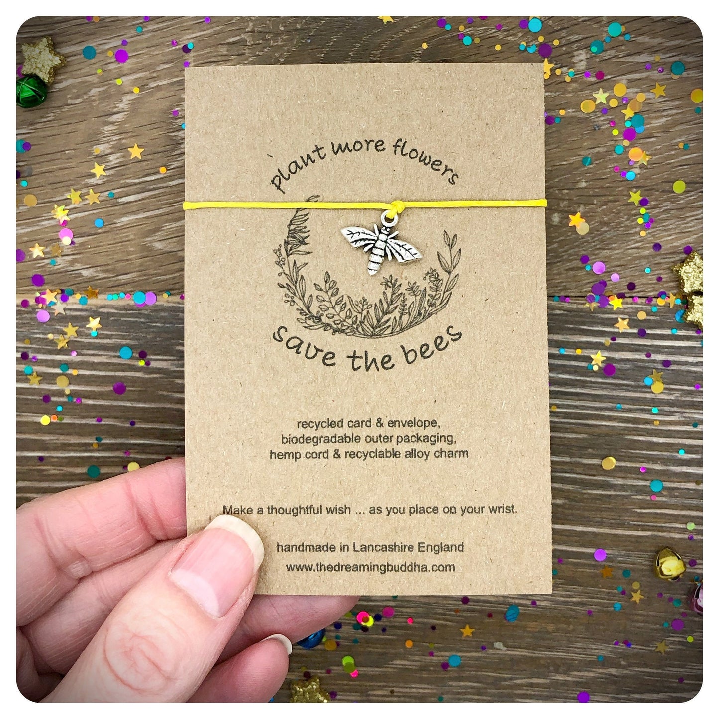 Save The Bees Wish Bracelet, Environmental Card, Vegan Birthday Gift, Nature Lover Present, Eco Friendly Christmas Gift