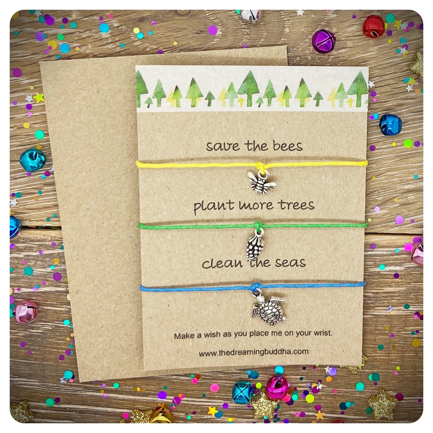 Vegan Eco Save The Planet Gift Set, Save The Bees Bracelet Keyring, Clean The Seas Wish Bracelet Keychain, Eco Warrior Environmentalist gift