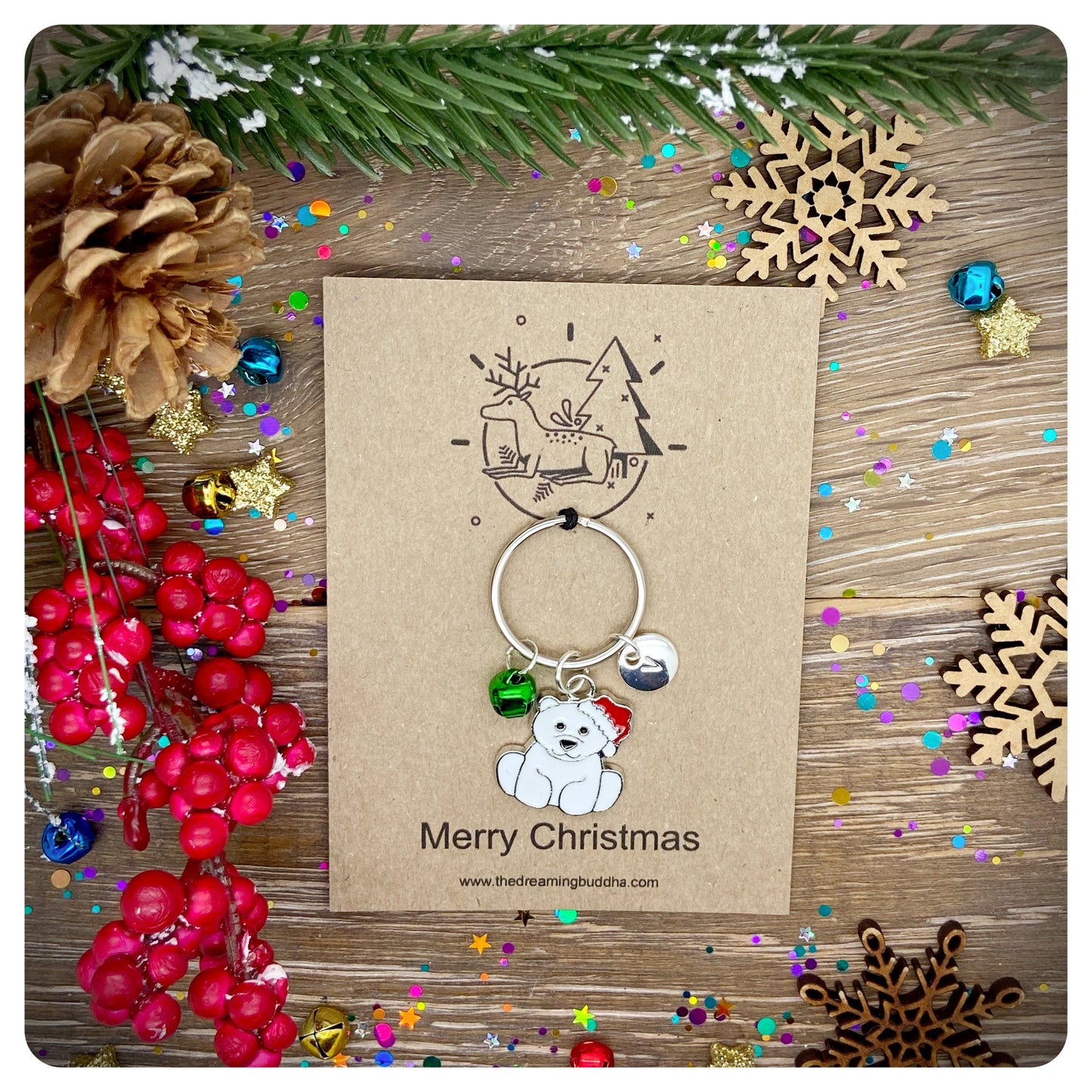 Christmas Bear Keychain, Personalised Xmas Keyring, Enamel Polar Bear Keychain, Novelty Christmas Key ring, Stocking Filler Key chain