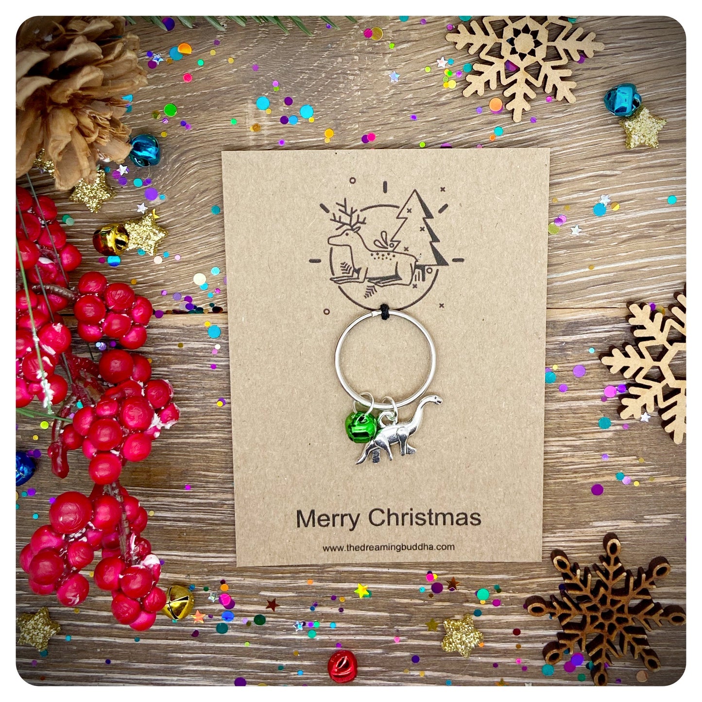 Christmas Dinosaur Keychain, Personalised Dinosaur Keyring, Boys Christmas Bag Charm, Novelty Christmas Key ring, Stocking Filler Key chain