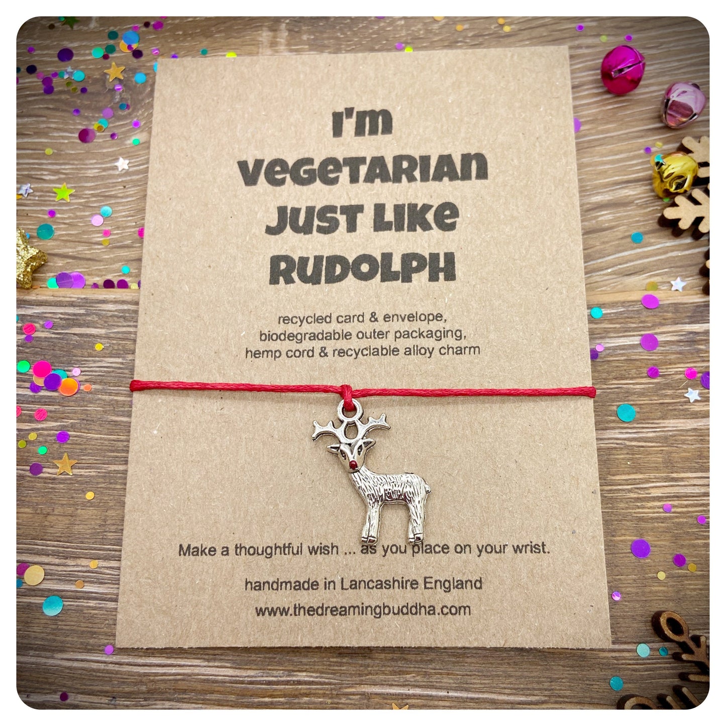 Vegetarian Christmas Wish Bracelet, Vegetarian Christmas Gift, Rudolph Wish Bracelet, Vegetarian Xmas Card, Vegetarian Just Like Rudolph