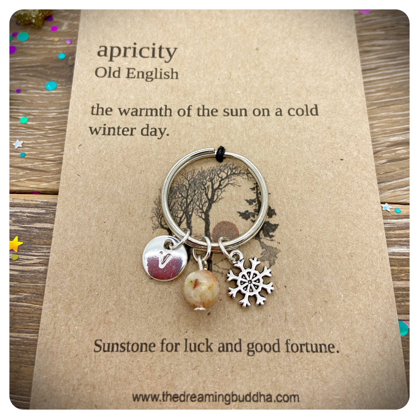Good Luck Keychain, Snowflake Keyring, Sunstone Crystal Gift, Good Fortune Stocking Filler, December Birthday Gift