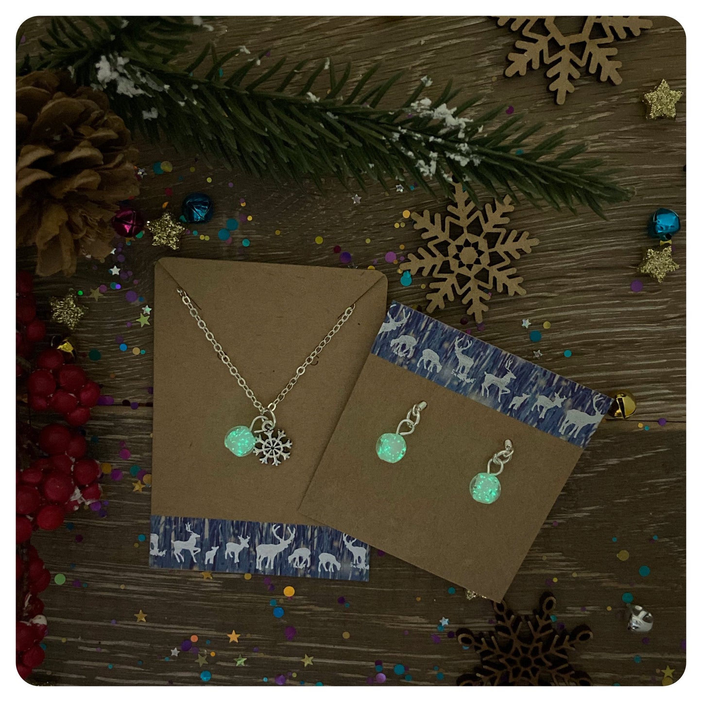 Magical Snowflake Necklace and Earring Set, Glow in the Dark Jewellery, Christmas Gift Set, Festive Jewellery, Xmas Gift For Her