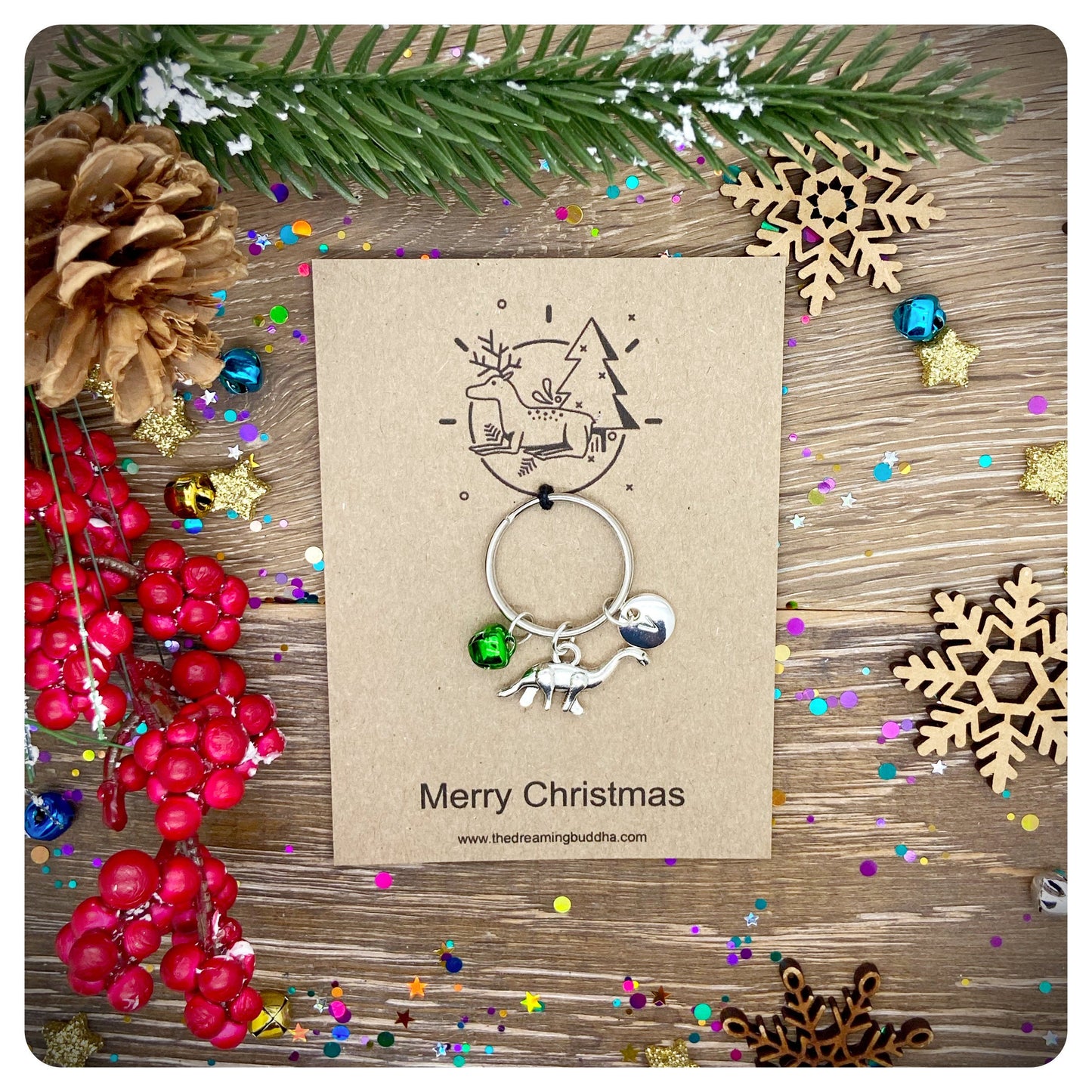 Christmas Dinosaur Keychain, Personalised Dinosaur Keyring, Boys Christmas Bag Charm, Novelty Christmas Key ring, Stocking Filler Key chain