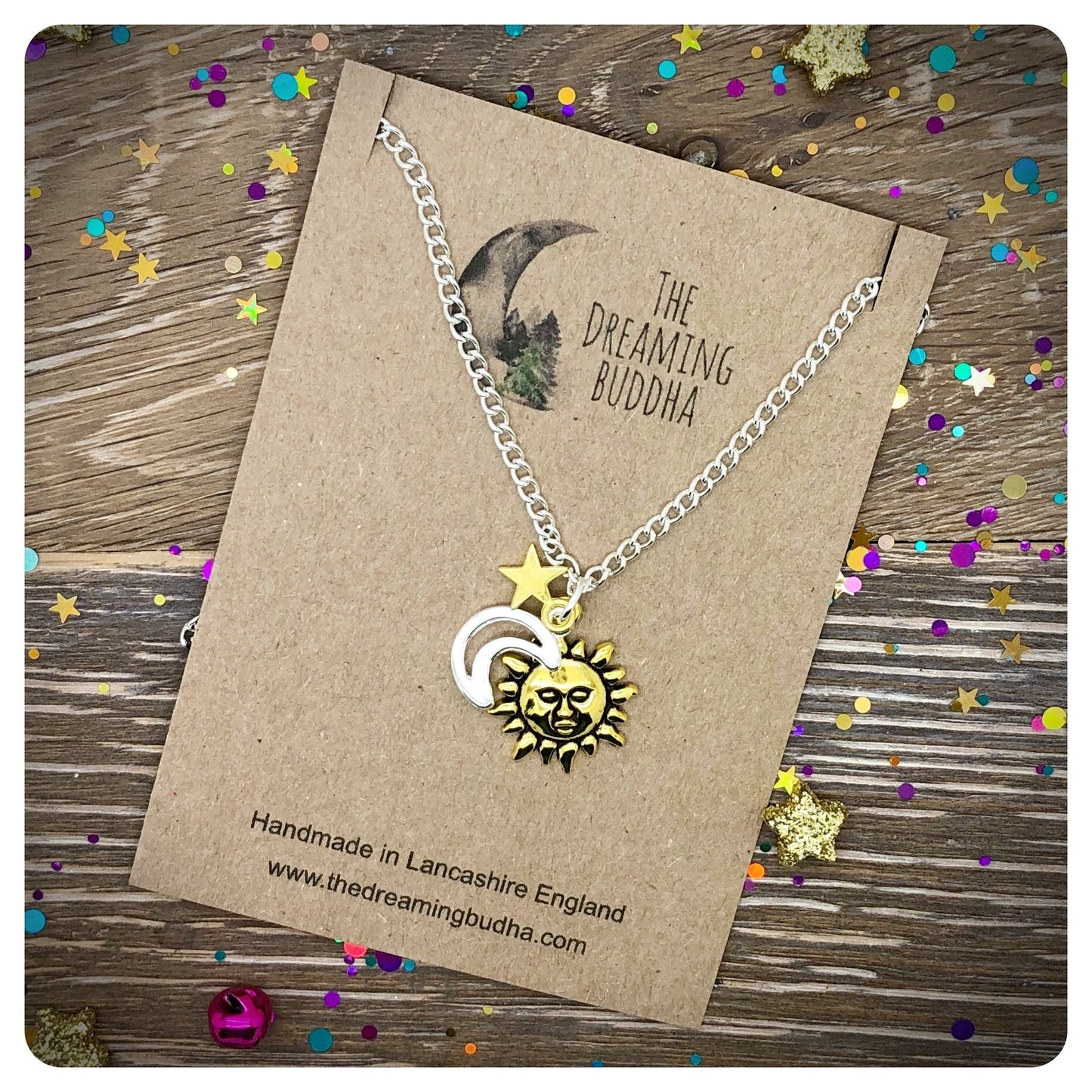 90s Retro Sun Moon Stars Necklace, Celestial Necklace, Gift For Her, Crescent Moon Sun Star Jewellery, Moon and Sun Pendent