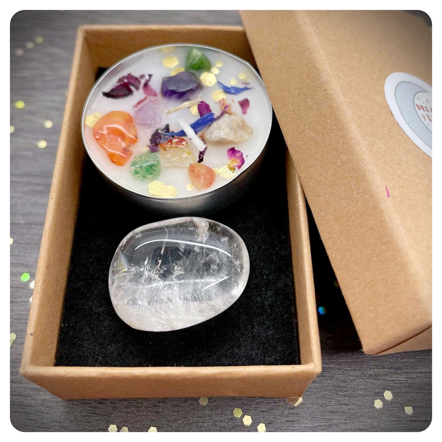 Clear Quartz Gemstone & Healing Candle, Positivity Gift