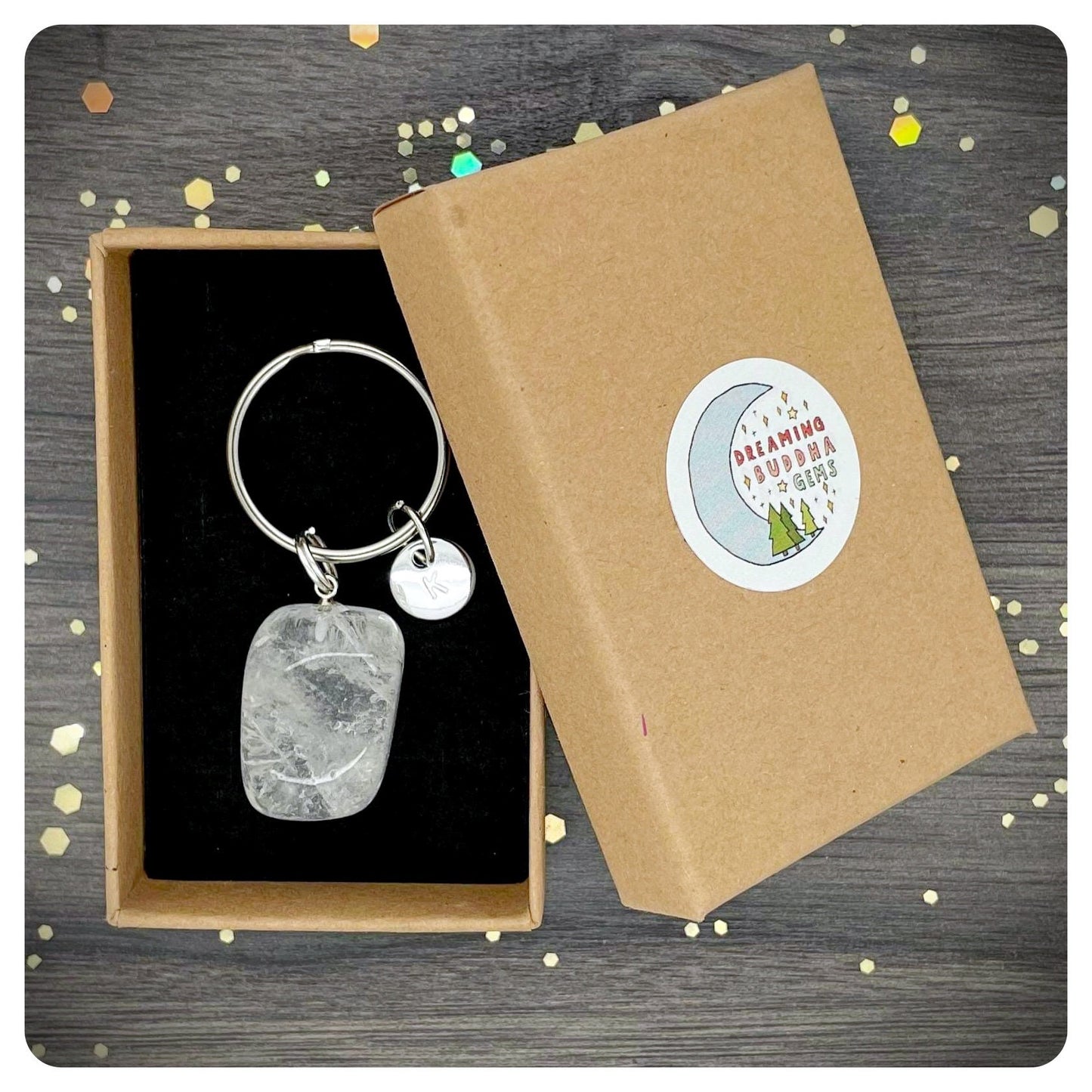 Clear Quartz Crystal Keyring, Personalised Positivity Keychain