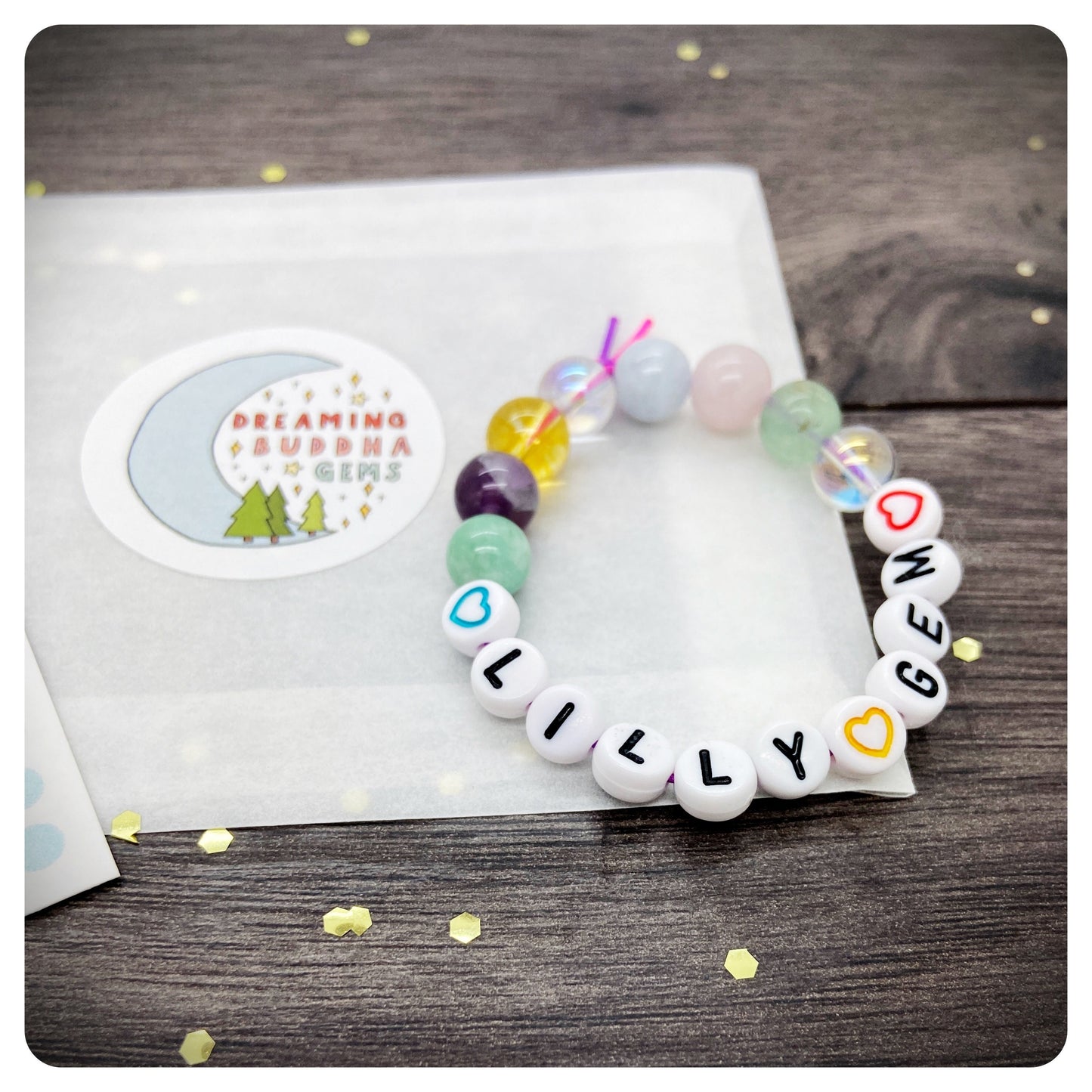 Childs Crystal Beaded Bracelet, Kids Gemstone Gift, Acrylic Beaded Name Bracelet