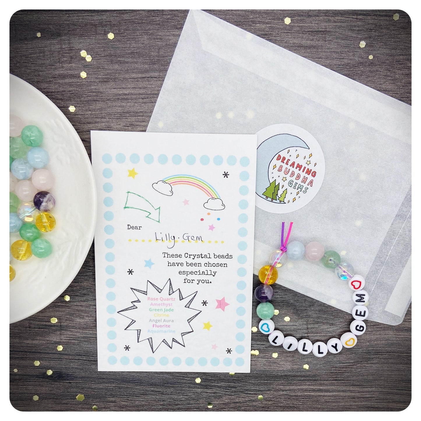 Childs Crystal Beaded Bracelet, Kids Gemstone Gift, Acrylic Beaded Name Bracelet