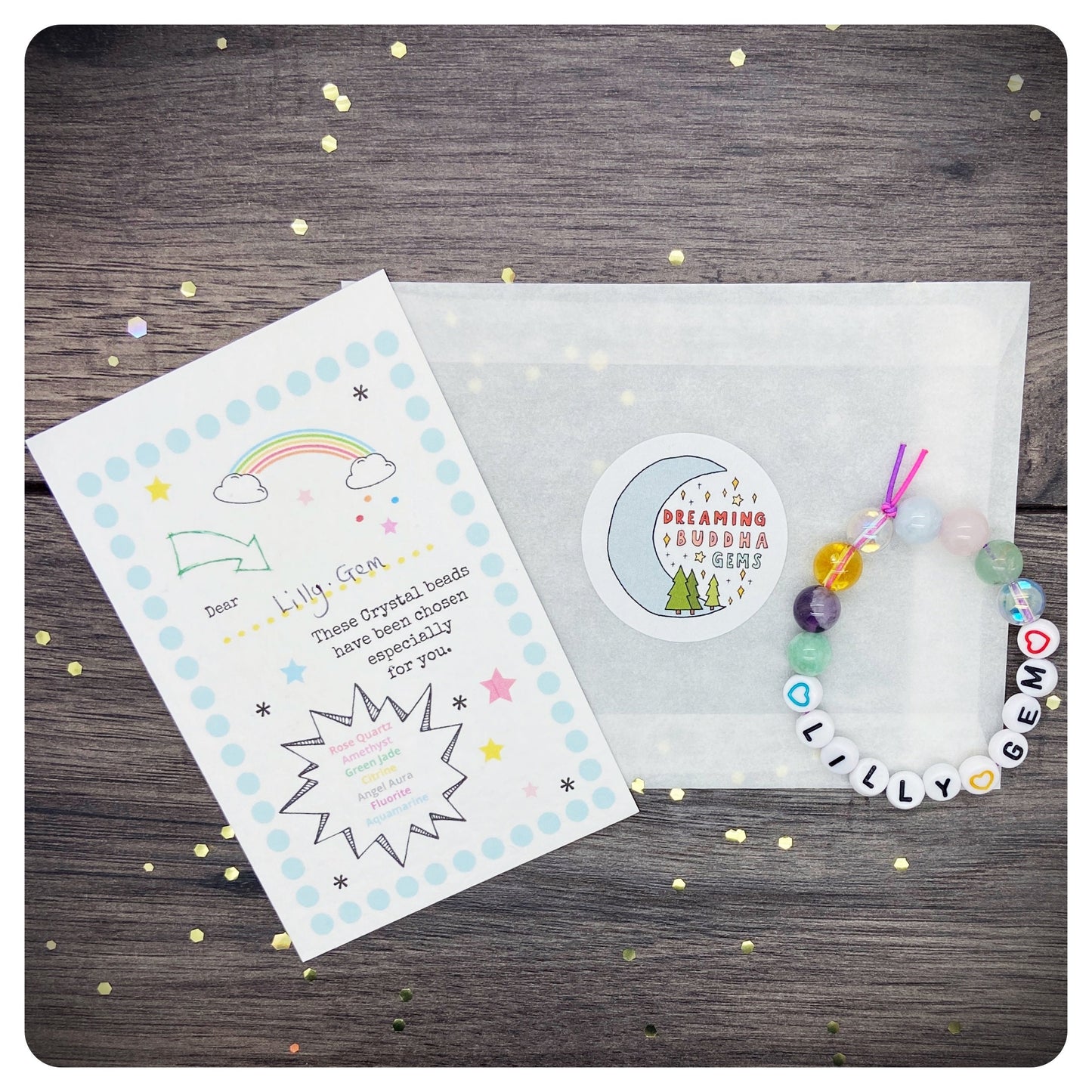 Childs Crystal Beaded Bracelet, Kids Gemstone Gift, Acrylic Beaded Name Bracelet