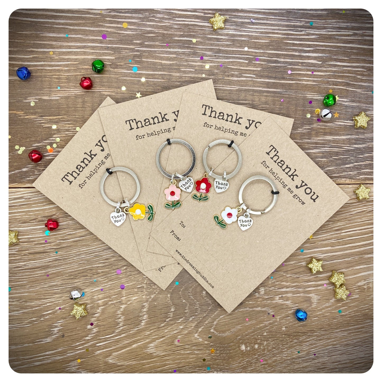 Set Of 4 School Teacher End Of Term Gifts, Pack Of Four Thank You For Helping Me Grow Keyrings, 4 Flower Keychains