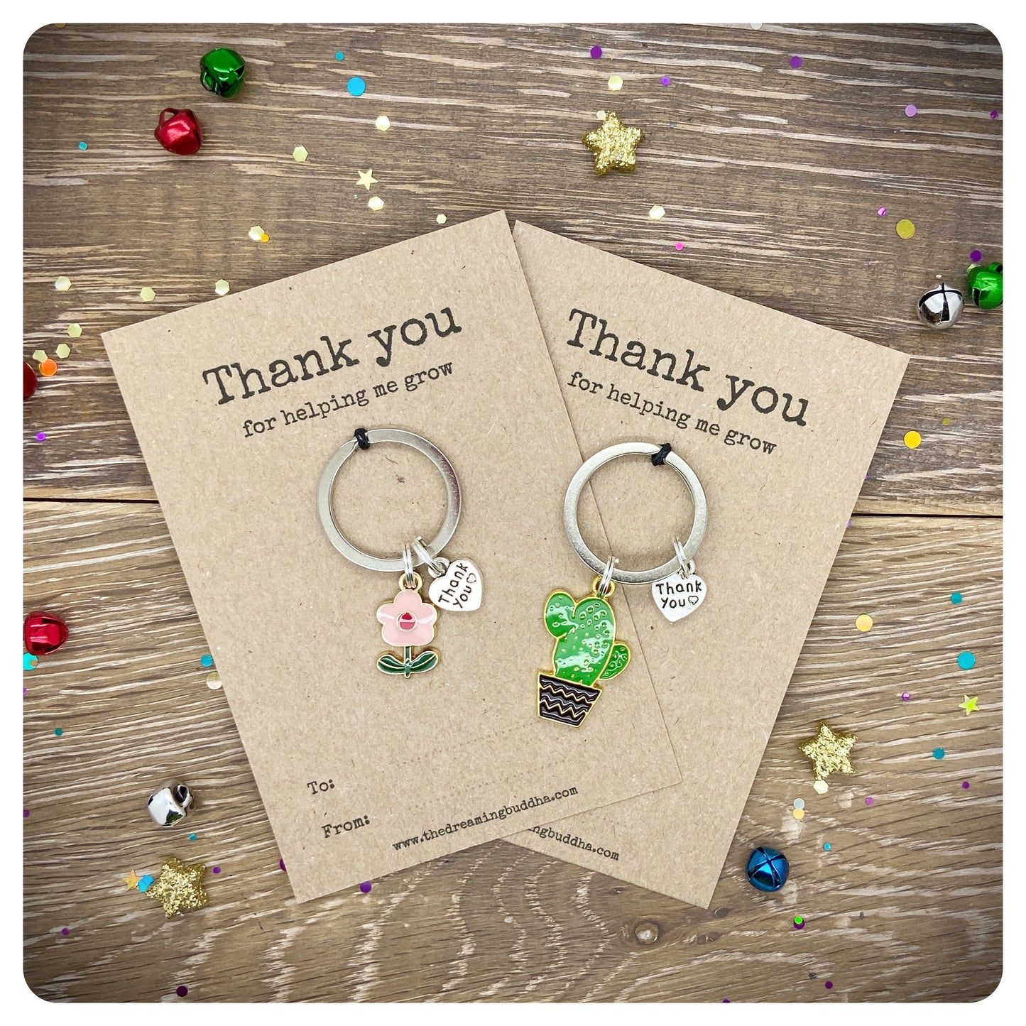 Set of 2 Thank You For Helping Me Grow Keyrings, Cactus Flower Charm Keychains, Male Female Teacher Gift Ideas
