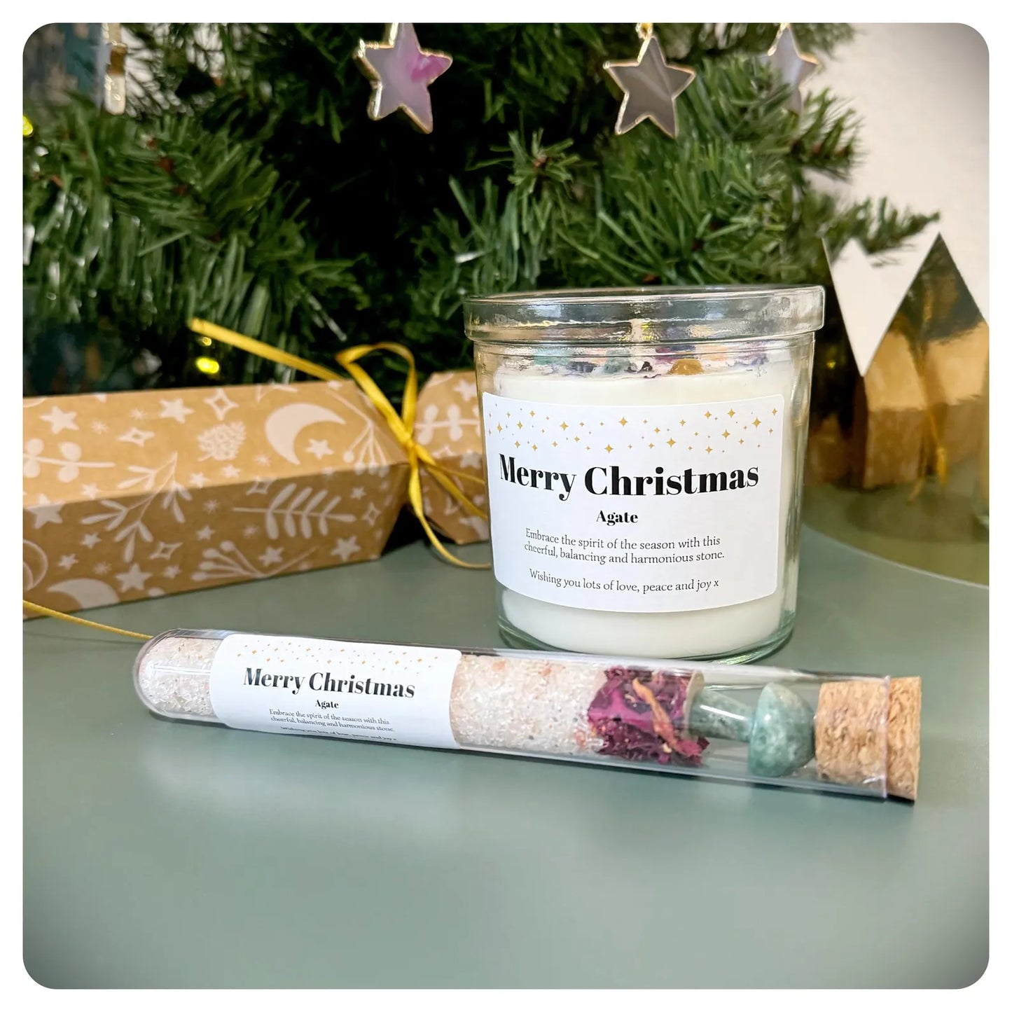 Christmas Crystal Infused Bath Salt Stocking Filler Gift, Secret Santa Thank you Mushroom Gemstone Pamper Test Tube Yule Bath Soak