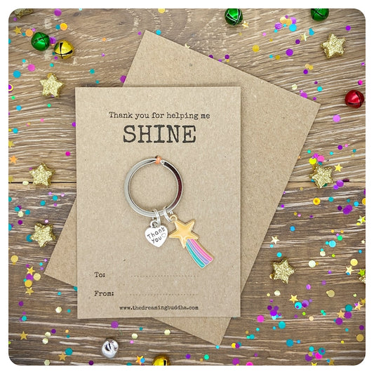 Thank You For Helping Me SHINE Teacher Gift, End Of Term Keyworker Keyring, Personalised Classroom Assistant Keychain, End Of Term Card
