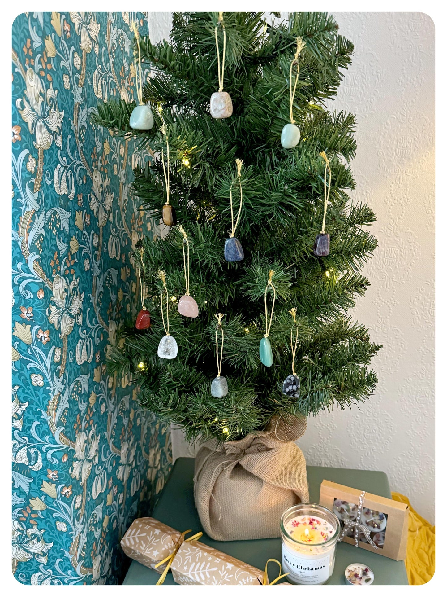 Crystal Christmas Tree Decorations Gemstone Hanging Ornaments Rustic Natural Baubles Rose Quartz, Amethyst, Lepidolite, Amazonite, Sodalite