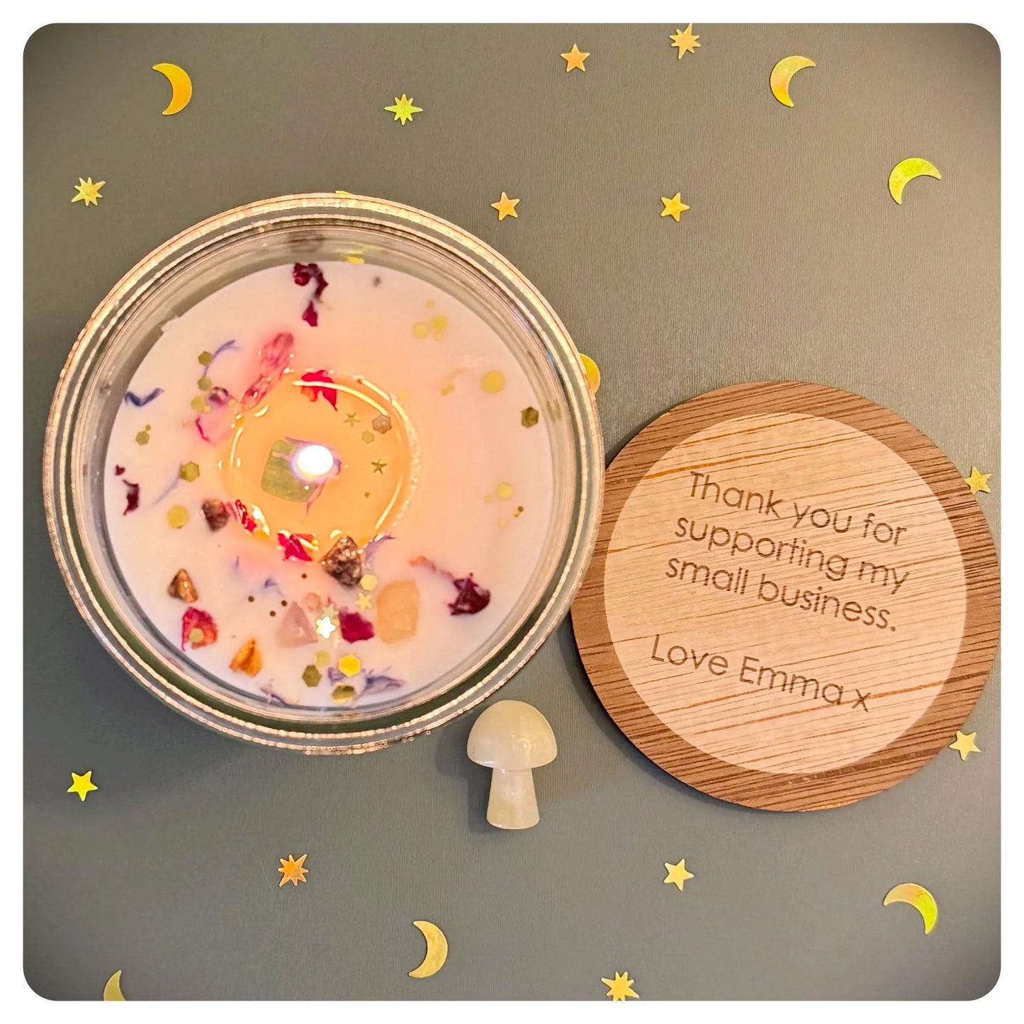 Crystal Mushroom Candle With Personalised Lid For Birthday Christmas Joy Hope Love Magic Courage Support Relax Luck Sleep Evil Eye Gift
