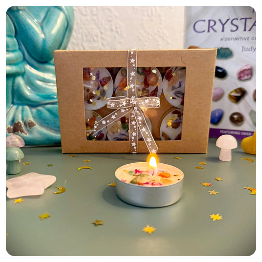 Crystal Tealights With Natural Flowers, Pack of 6 Small Gift Boxed Candle Tea Light Set For Mindfulness Meditation And Intention Setting