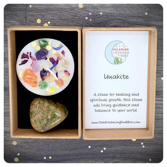 Unakite Tumbled Gemstone & Candle Gift Set
