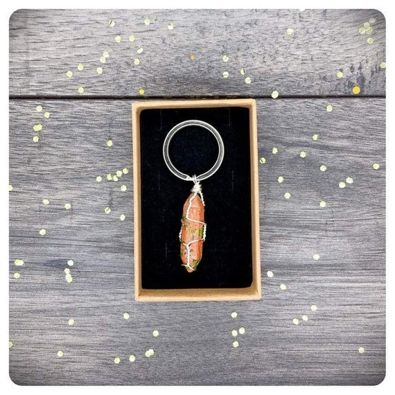 Unakite Crystal Point Keyring, Handmade Wire Wrapped Keychain, Unisex Unakite Gift, Unakite Gift Box , Hand Wrapped Crystal Point