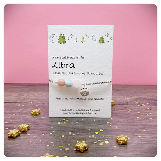 Libra Crystal Bracelet, Personalised Star Sign Jewellery, Birthstone Gift, Birthday Gift Card, September October Zodiac Bracelet