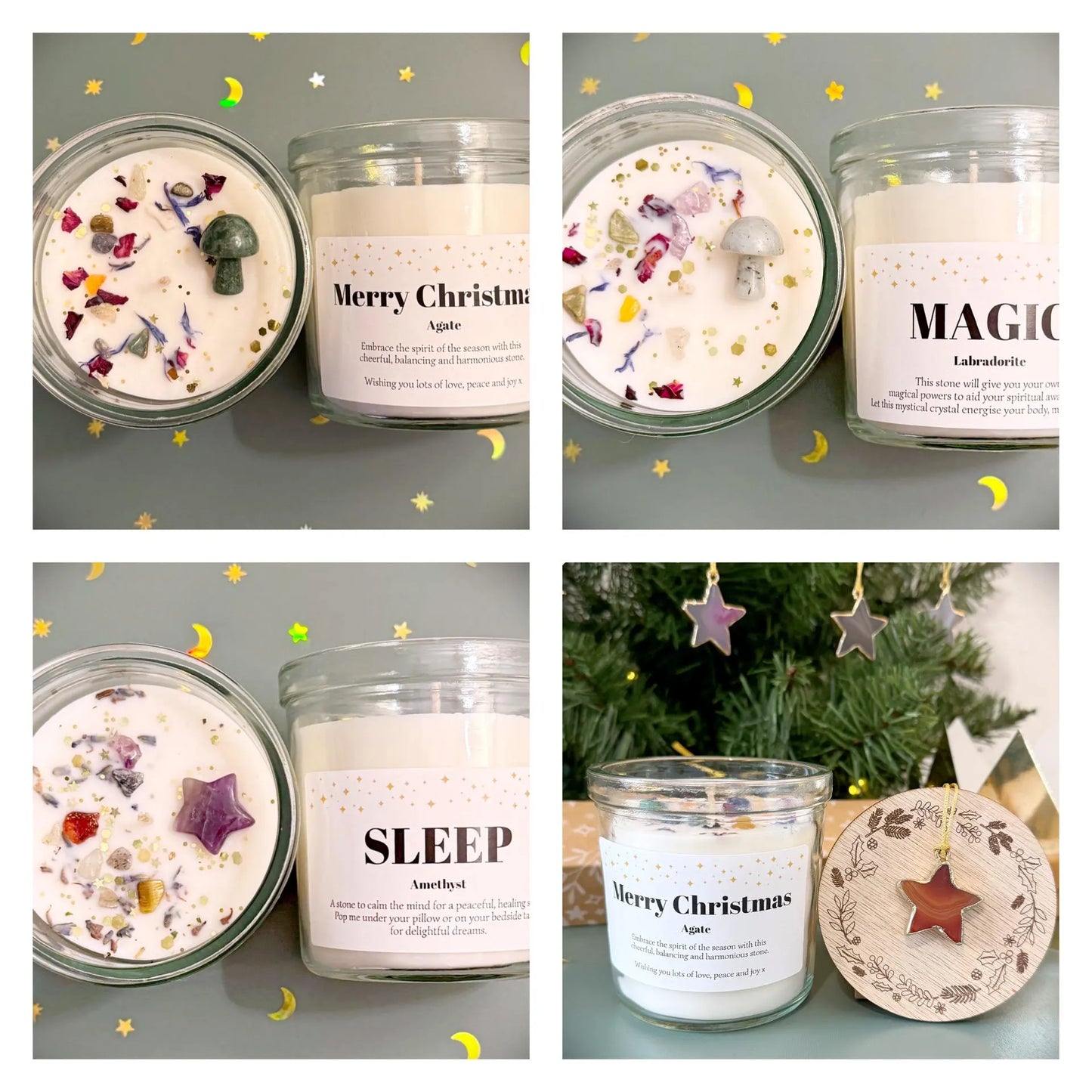 Crystal Mushroom Candle With Personalised Lid For Birthday Christmas Joy Hope Love Magic Courage Support Relax Luck Sleep Evil Eye Gift