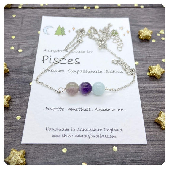 Pisces Crystal Necklace, February March Birthstone Jewellery, Zodiac Gemstone Choker, Personalised Star Sign Gift, Silver Zodiac Necklace