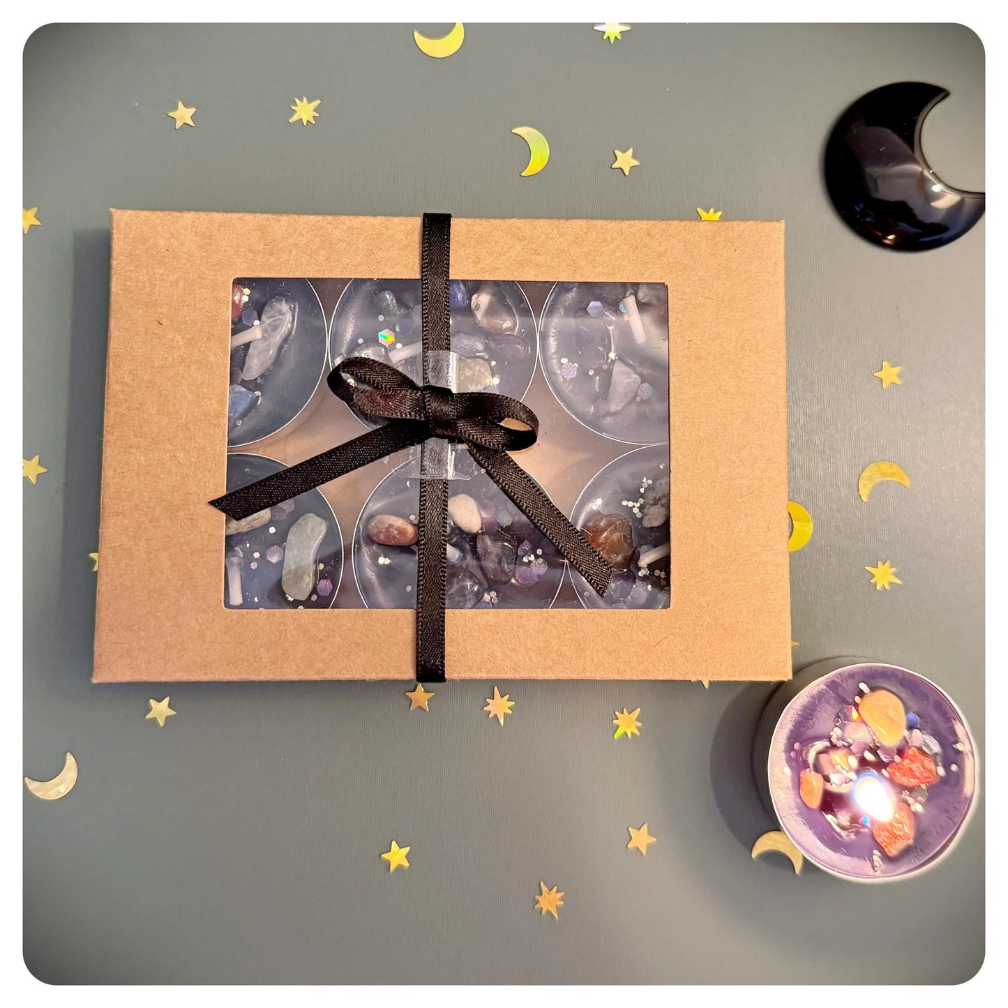 Witchy Tealights With Crystals & Glitter, Pack of 6 Small Gift Boxed Candle Tea Light Set For Spell Work Intentions And Decoration