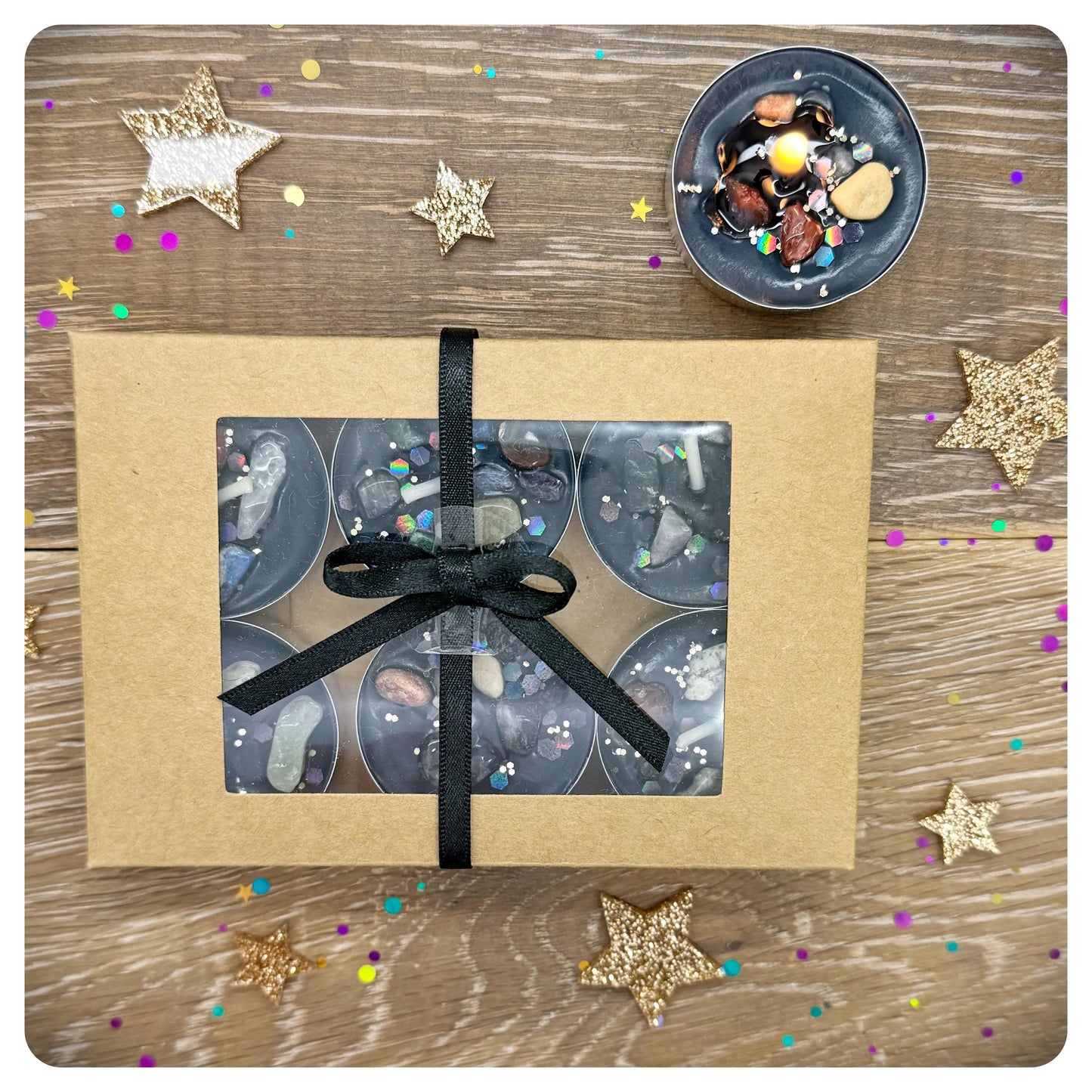 Witchy Tealights With Crystals & Glitter, Pack of 6 Small Gift Boxed Candle Tea Light Set For Spell Work Intentions And Decoration