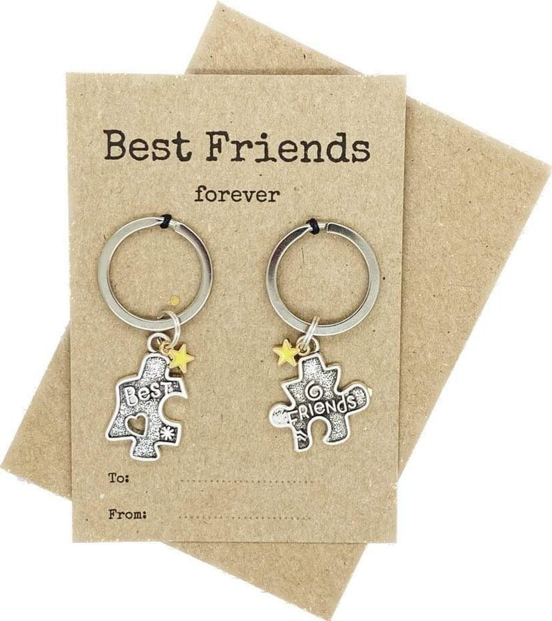 2 Jigsaw Best Friends Keyrings, Best Friends Forever Keychain Set, Personalised BFF Gift, Two Puzzle Friendship Key Rings