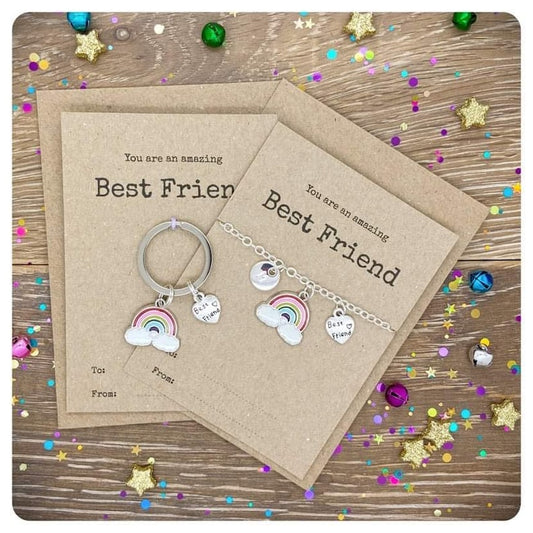 Best Friend Matching Necklace and Keyring Set, You Are An Amazing Friend Present, Rainbow Friendship Gift, Best Friend Birthday Postal Gift