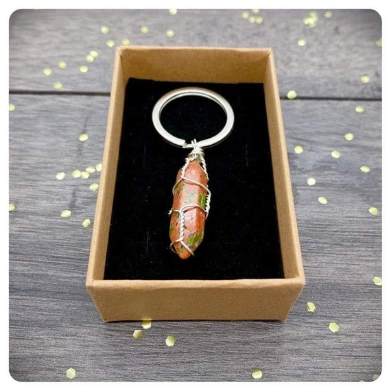 Unakite Crystal Point Keyring, Handmade Wire Wrapped Keychain, Unisex Unakite Gift, Unakite Gift Box , Hand Wrapped Crystal Point