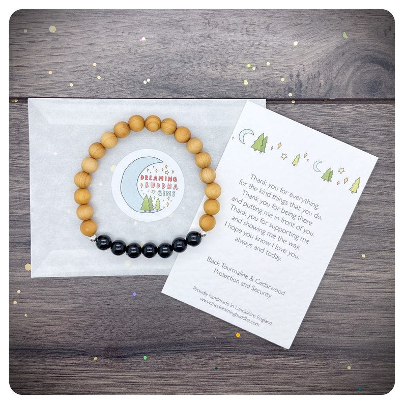 Cedar Wood Bracelet, Personalised Black Tourmaline Bracelet, Fathers Day Gift, Thank You Dad Card