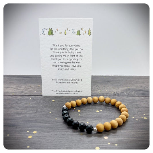 Cedar Wood Bracelet, Personalised Black Tourmaline Bracelet, Fathers Day Gift, Thank You Dad Card