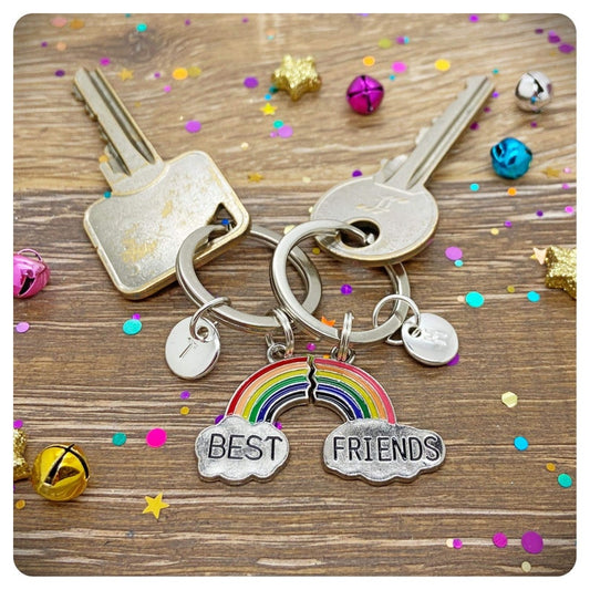 Best Friends Forever Double Keychain, One For You One For Me Rainbow Keyrings, 2 BFF Matching Rainbow Bag Charms, Kids Friendship Gift Card
