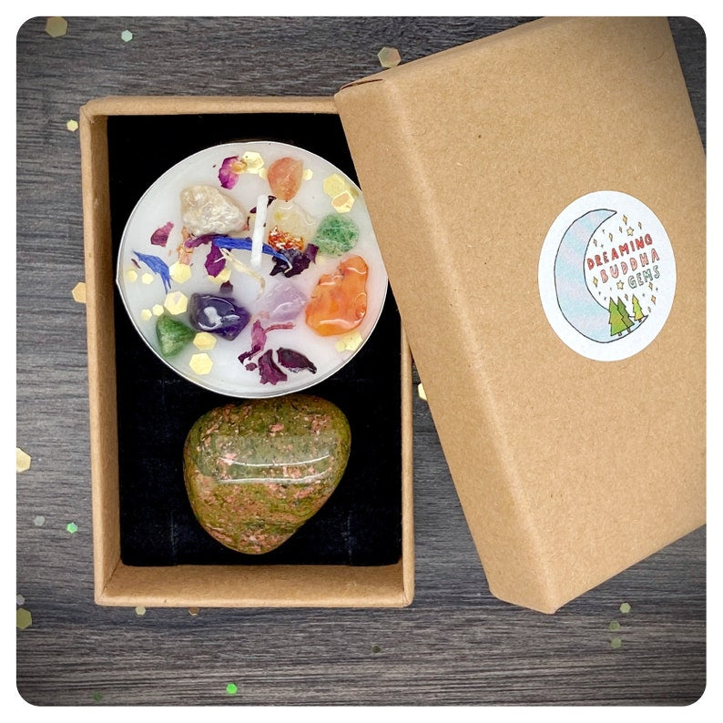 Unakite Tumbled Gemstone & Candle Gift Set
