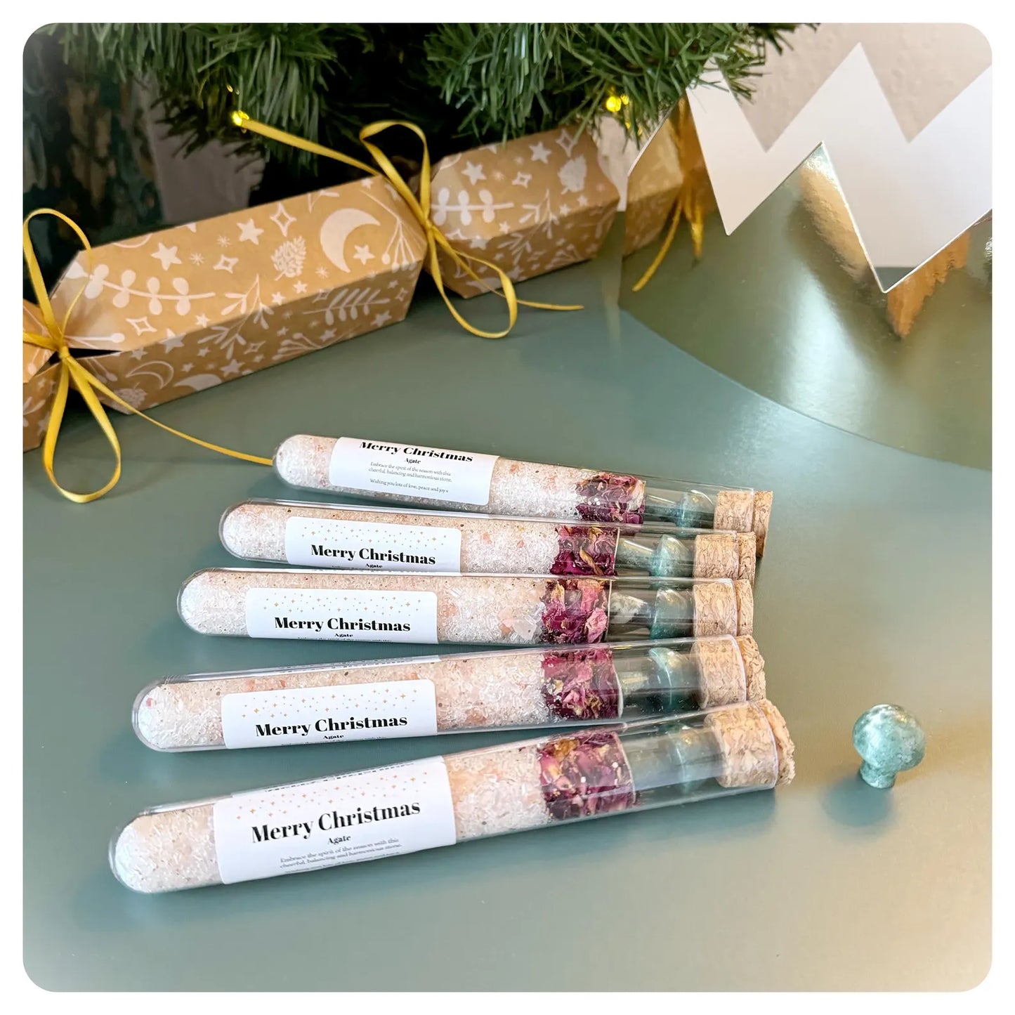 Christmas Crystal Infused Bath Salt Stocking Filler Gift, Secret Santa Thank you Mushroom Gemstone Pamper Test Tube Yule Bath Soak