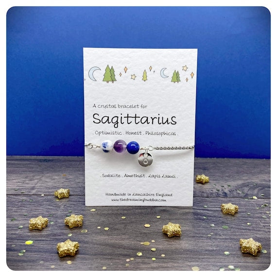 Sagittarius Adjustable Bracelet, Personalised Zodiac Jewellery, November December Birthstone Gift, Star Sign Crystal Bracelet
