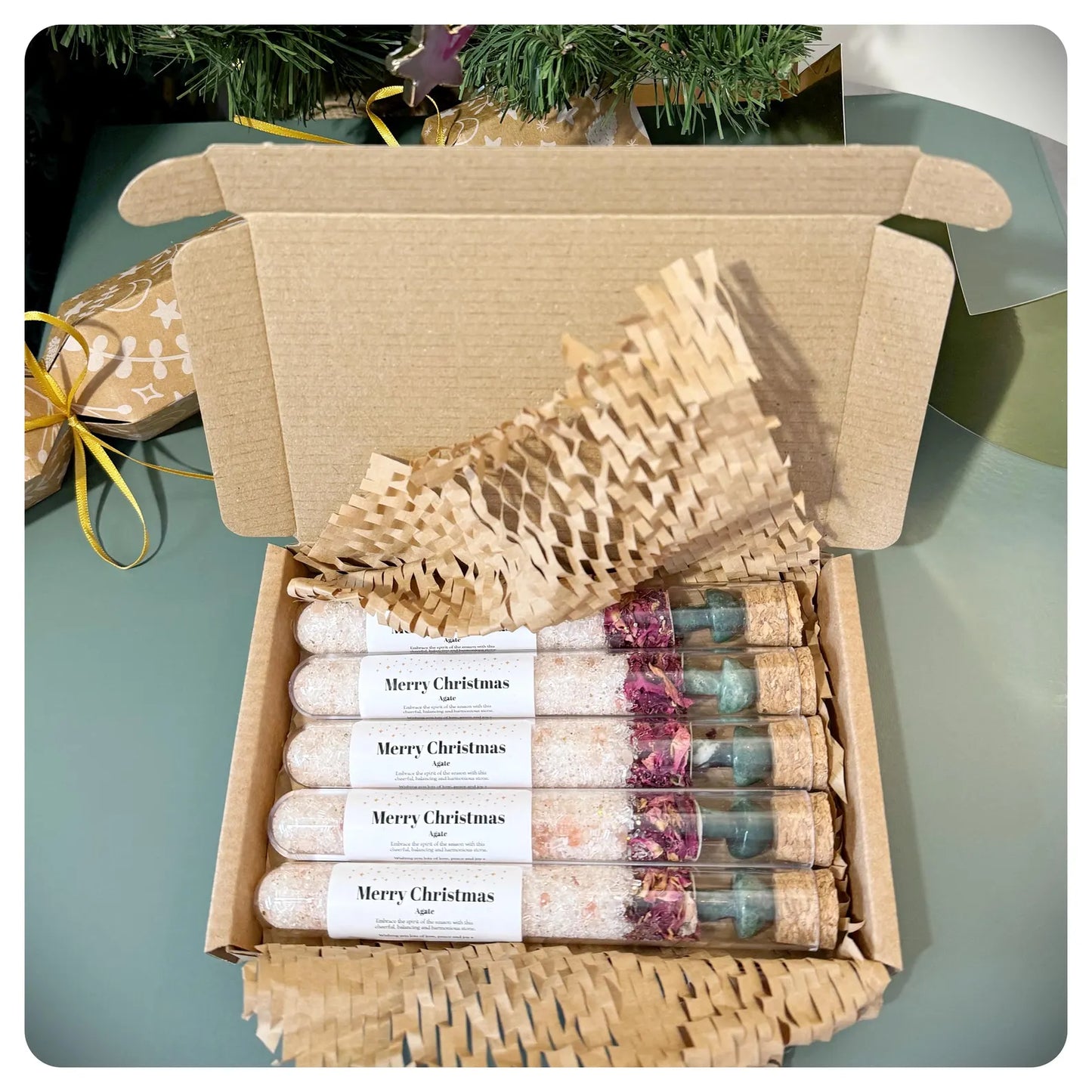 Christmas Crystal Infused Bath Salt Stocking Filler Gift, Secret Santa Thank you Mushroom Gemstone Pamper Test Tube Yule Bath Soak