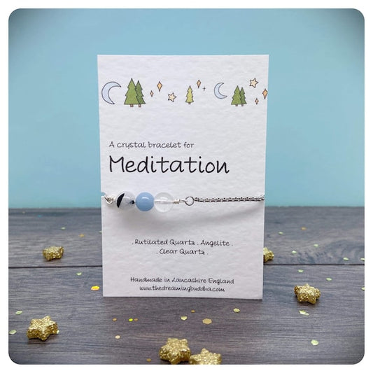 Meditation Adjustable Bracelet, Mindfulness Crystal Jewellery, Gemstone Mala Bracelet, Personalised Yoga Birthday Gift, Healing Crystal Card
