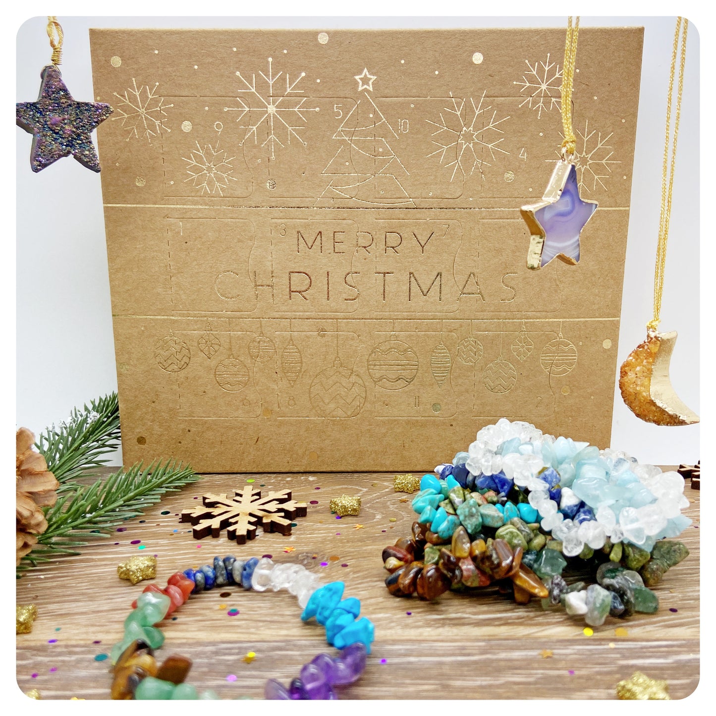 Luxury Crystal Chip Bracelet Advent Calendar, Crystal Lover Christmas Gift, 12 Genuine Gemstone Stretch Bracelets For Women Christmas Gift