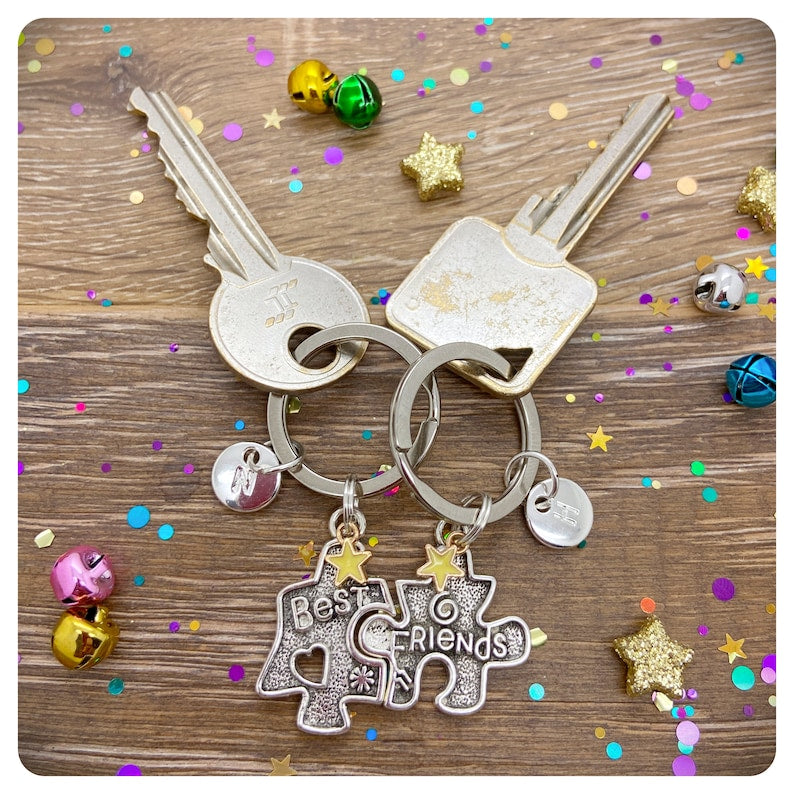 2 Jigsaw Best Friends Keyrings, Best Friends Forever Keychain Set, Personalised BFF Gift, Two Puzzle Friendship Key Rings