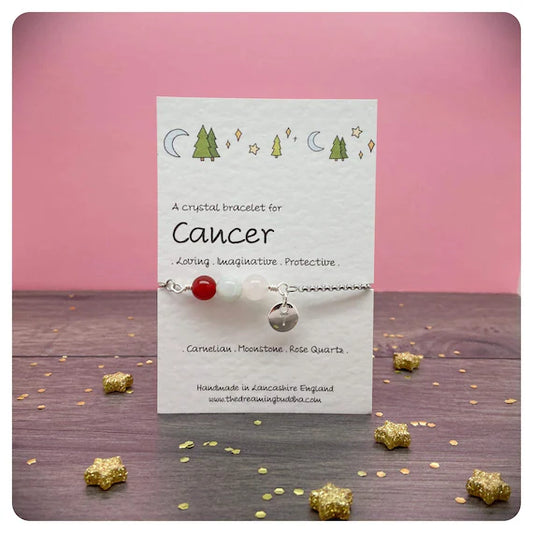 Cancer Zodiac Bracelet, Adjustable Crystal Bracelet, Unisex Star Sign Jewellery, Wire Wrapped Gemstones, Horoscope Birthday Card